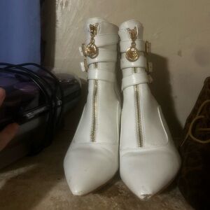 White Pointed Toe Ankle Boots with Gold Hardware